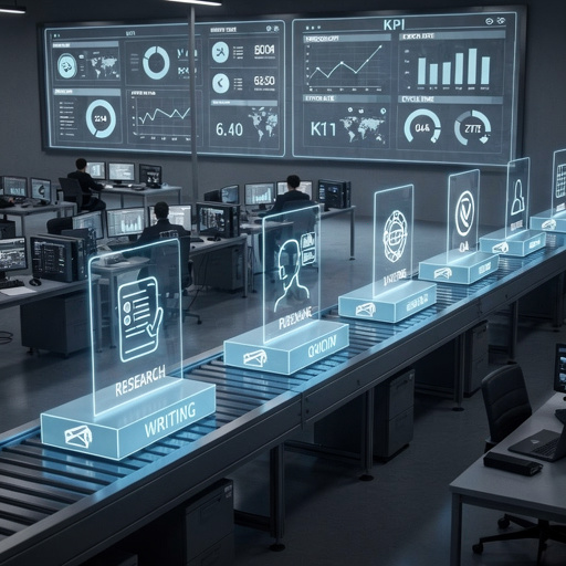 Cinematic view of AI workcells arranged like a factory line, feeding into KPI dashboards for throughput, error rate, and cycle time