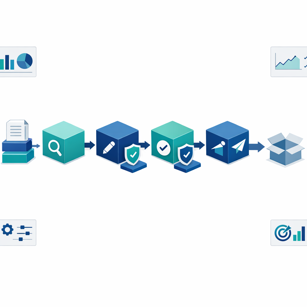 Minimal systems diagram of knowledge work as a supply chain flowing through AI workcells with QA gates and metric panels